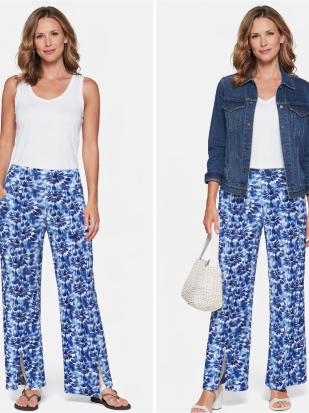 CHARLIE B Blue Floral Wide-Leg Split-Hem Pants